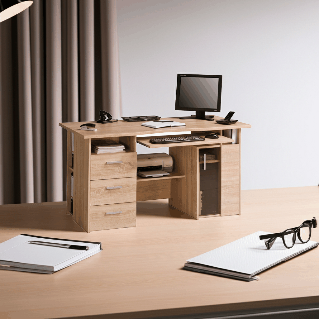 office tafel in light oak with drawers and shelves, modern home office desk design