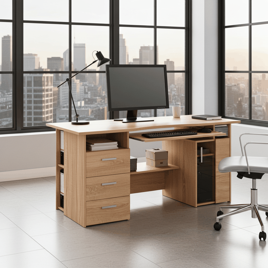 office tafel in light oak with drawers and shelves in modern office setting