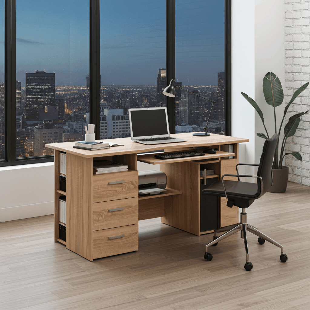 office tafel in light oak with drawers and shelves in modern office setting