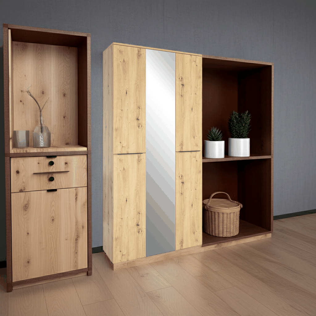 lichte eiken slaapkamer kledingkast met 3 deuren en middelste spiegel, moderne praktische slaapkamer inrichting