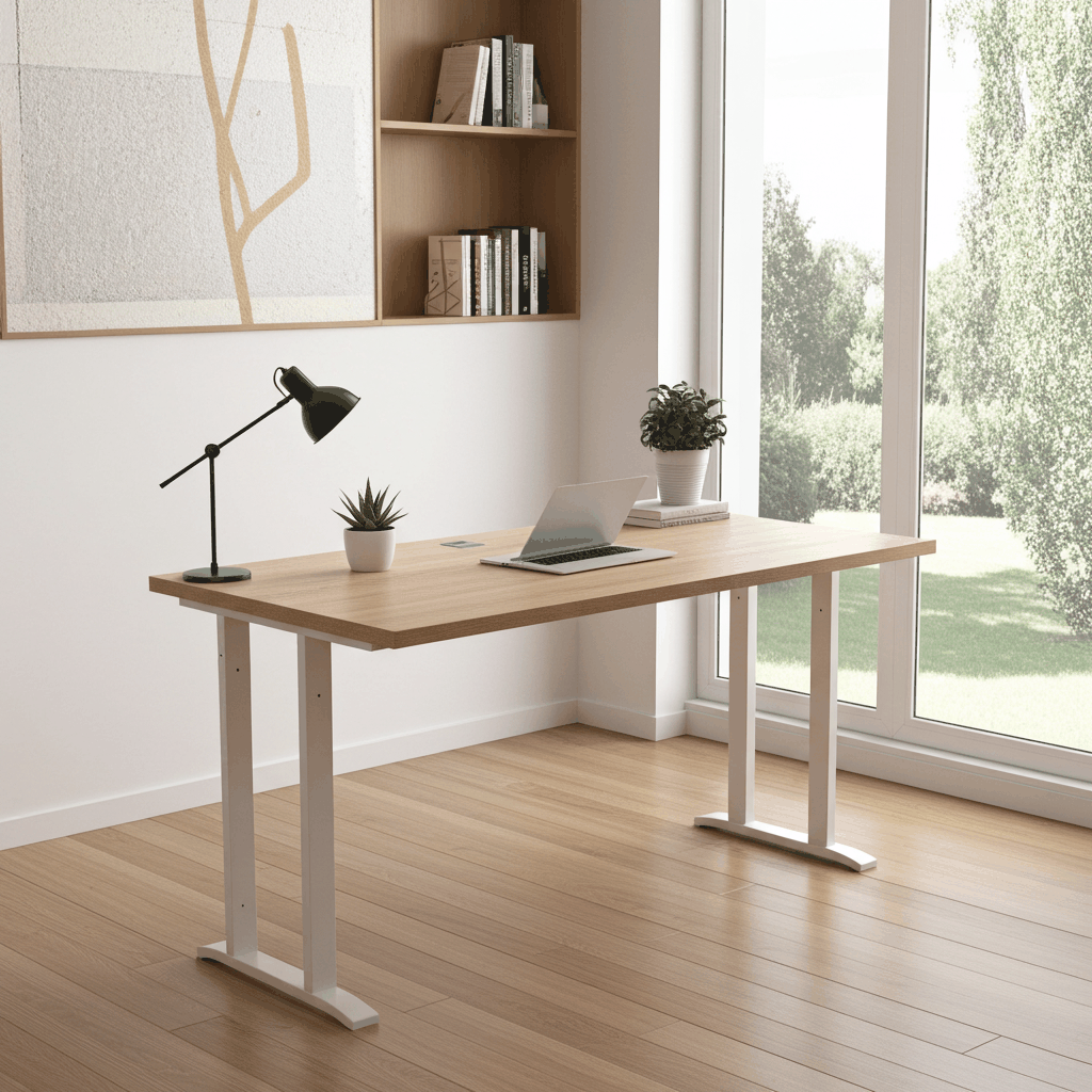 Moderne tafel om te schrijven met houten blad en witte metalen poten bij raam in lichte kamer