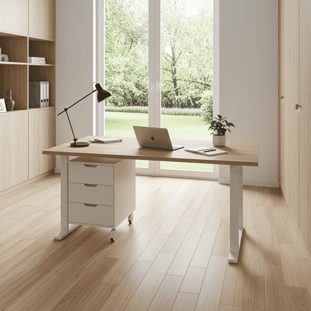 Moderne tafel om te schrijven met houten blad en ladenkast in lichte werkruimte bij raam