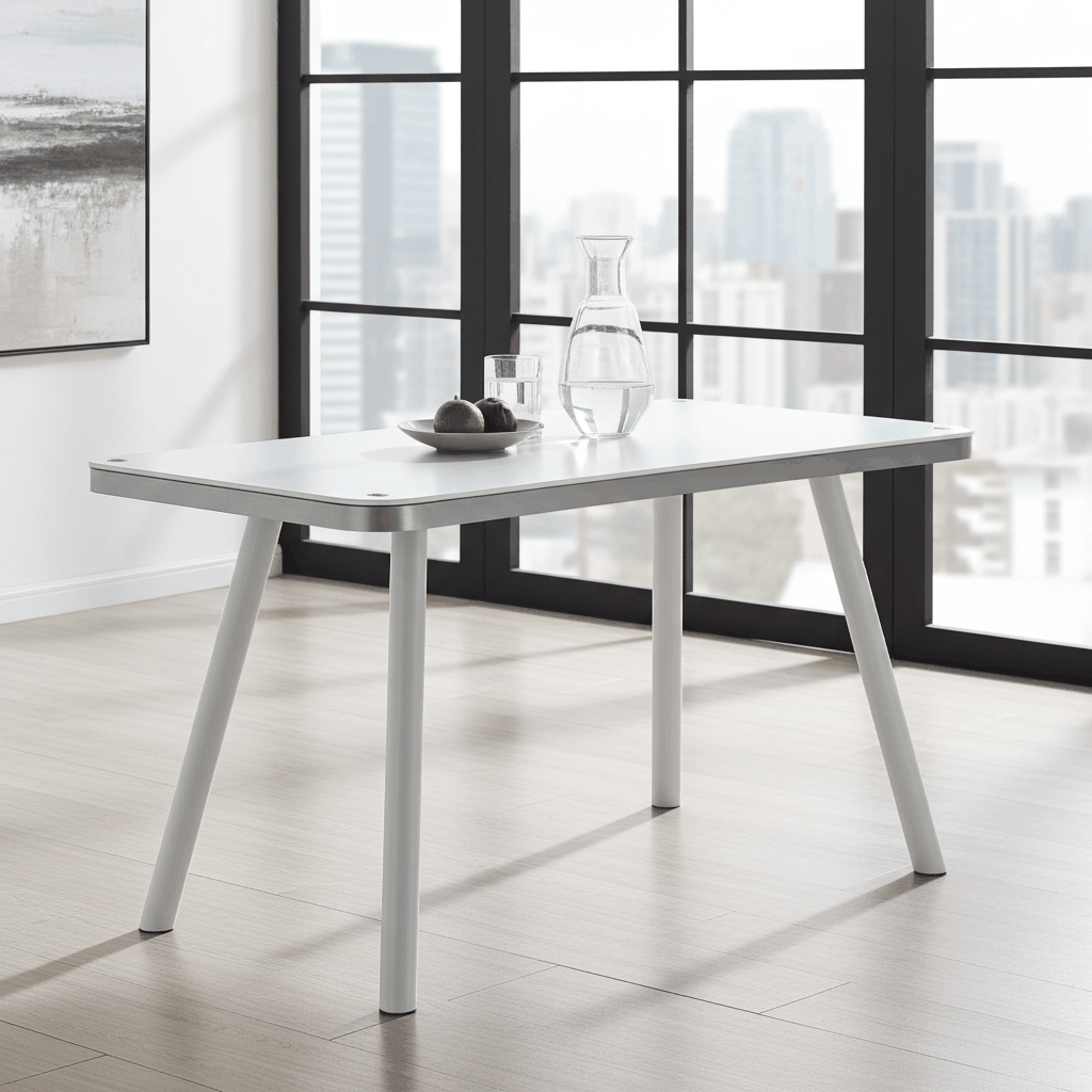 modern small white table with sleek design in bright room near large windows