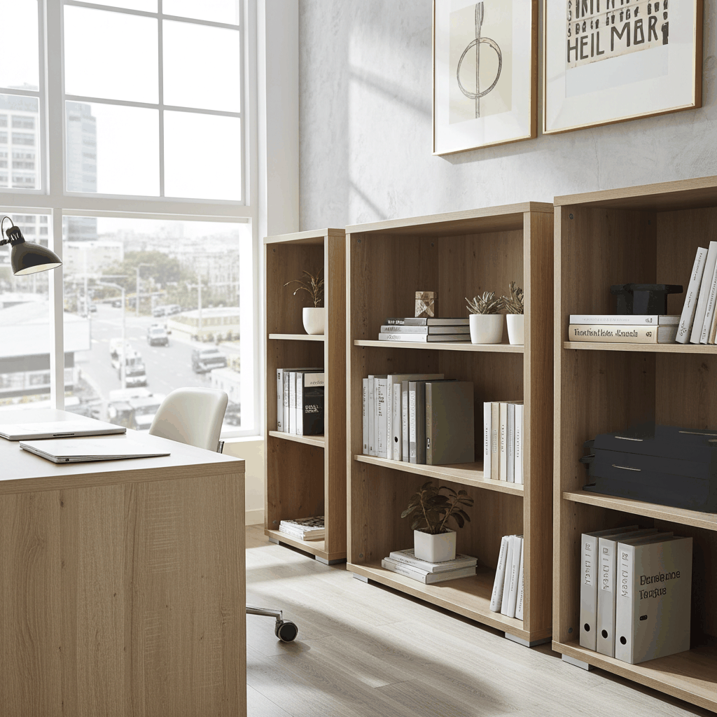 Stijlvolle kantoorkast zonder deuren van hout met boeken en planten in kantoorruimte