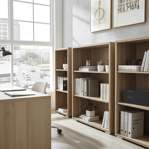 Stijlvolle kantoorkast zonder deuren van hout met boeken en planten in kantoorruimte