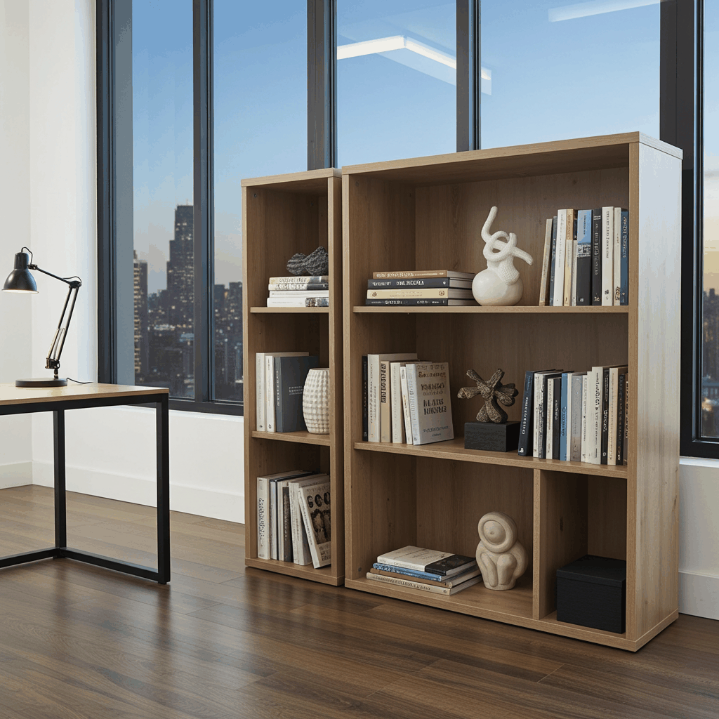 kantoorkast zonder deuren houten opbergkast met boeken en decoraties in moderne kantoorruimte