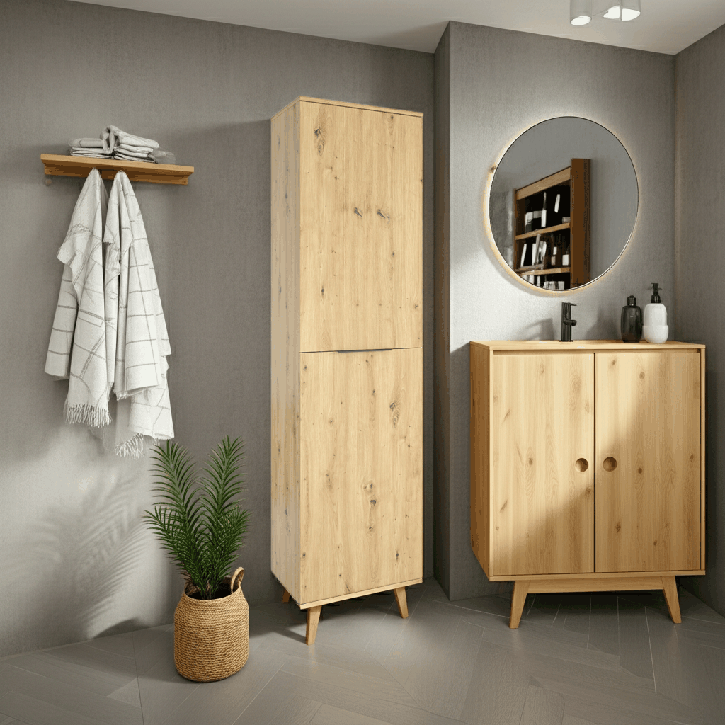 Light oak slaapkamerkast with single door and mid-century modern legs in a minimalist bedroom setting