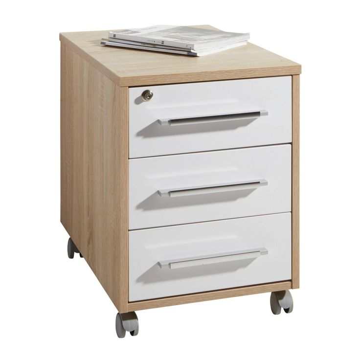 Mobiel ladeblok met drie lades in hout-wit combinatie op wielen met slot voor veilig opbergen.