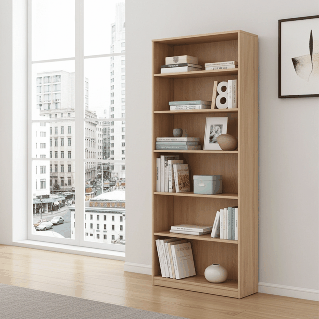 lichte houten kantoorkast met meerdere planken gevuld met boeken en decoratieve items in moderne kamer met groot raam