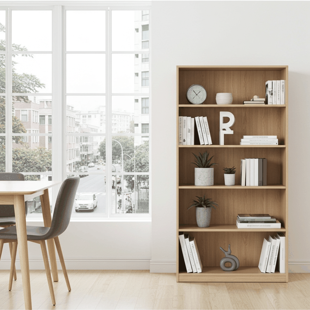 lichte houten kantoorkastset van 2 stuks gevuld met boeken en decoraties in moderne kantoorruimte