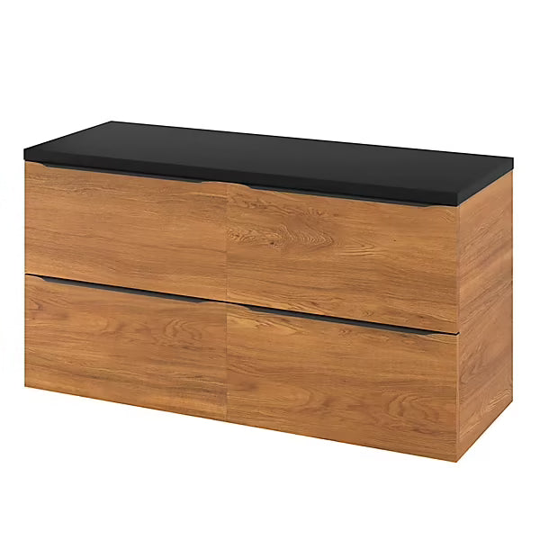 kleine schoenenkast met warme houtkleur en zwarte bovenkant, compact en modern ontwerp voor kleine ruimtes