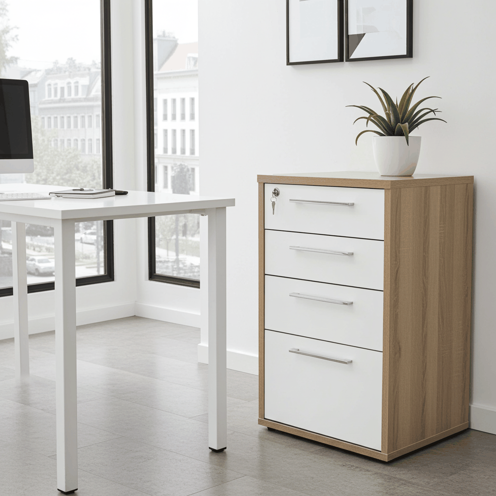 Moderne ladekast met vier witte laden en houtafwerking, ideaal voor kantoor of slaapkamer.